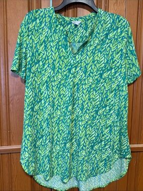 Cato Lime & Teal Leaf-Print V-Neck Blouse